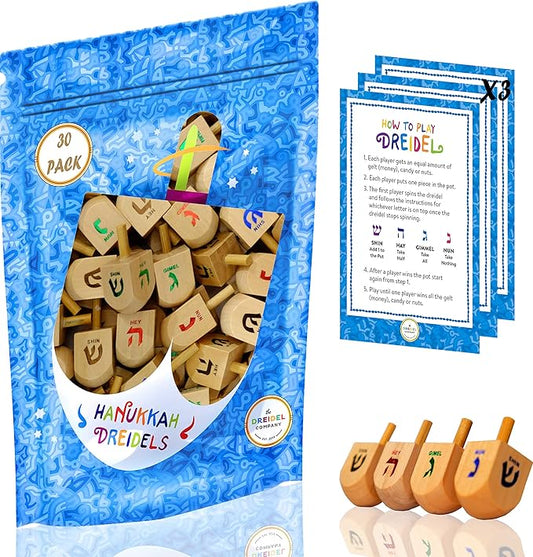 Natural Wood Dreidels Hanukkah Draydel with English Transliteration & Instruction Cards (25-Pack)