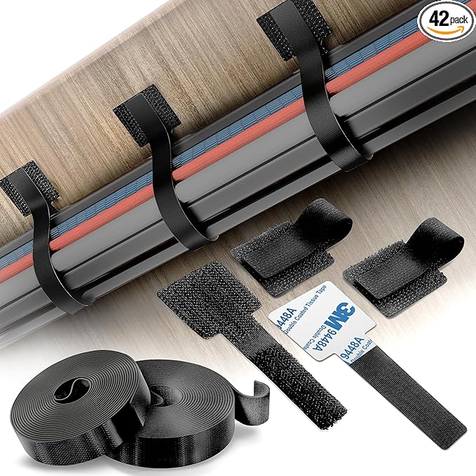 Cable Management Kit – 40 Self-Adhesive Hook and Loop Ties with 2 Extension Straps – Made with 3M Tape, Back-Sticky Cord Organizer for Under Desk, Wall, Home, Office – Adjustable Wire Holders (Black)