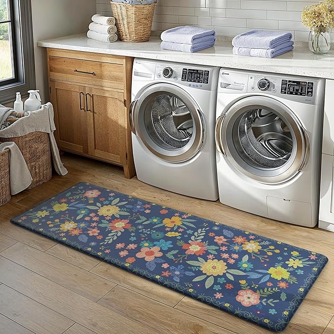 GENIMO Kitchen Mats for Floor 2PCS, Cushioned Kitchen Rugs Non Slip Washable, Farmhouse Anti Fatigue Mat Waterproof, Comfort Standing Mat Rug for Office, Home, Laundry, 17.3"x47"+17.3"x30", Navy