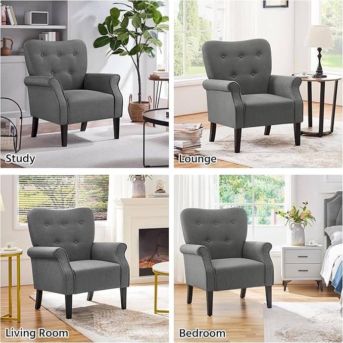 Yaheetech Modern Armchair, Mid Century Accent Chair with Sturdy Wood Legs and High Back for Small Space, Upholstered Fabric Sofa Club Chair for Living Room/Bedroom/Office, Dark Gray