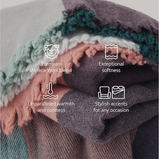 Double Stitch Alpaca Wool Throw Blanket - Warm, Soft Blanket for Couch, Luxury & Decorative Fleece Throw, Fall Plaid, Gift for Mother's Day, House Warming, 50" x 60", Sunset Glow