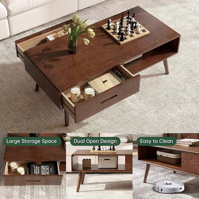 100% Solid Oak Wood Coffee Table for Living Room, Coffee Table with Storage Shelf and 2 Drawers, Mid Century Modern Coffee Tables for Home (Oak Walnut Color, 47.24'' W)