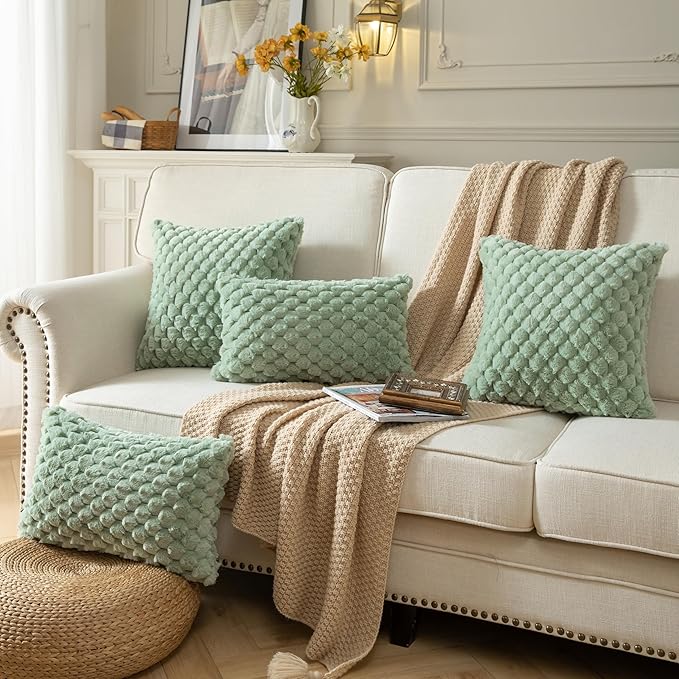 Pack of 2 Super Soft Throw Pillow Covers 18x18 Inch Faux Fur Plush Pillowcase Luxury Cozy Fluffy Decorative Cushion Cover for Sofa Couch Bed Livingroom Sage Green