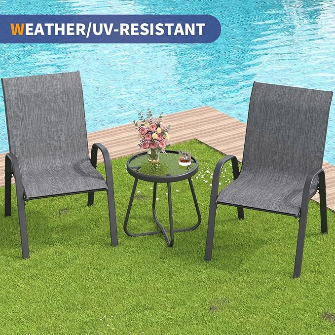 Amopatio 3 Piece Patio Set, Outdoor Stackable Dinging Chairs for All Weather, Breathable Garden Outdoor Furniture for Backyard Deck, Dark Grey