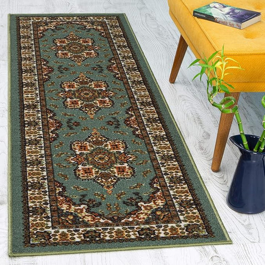 Antep Rugs Alfombras Oriental Traditional 2x10 Non-Skid (Non-Slip) Low Profile Pile Rubber Backing Indoor Area Runner Rugs (Green, 2' x 10')