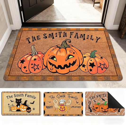 InterestPrint Personalized Halloween Family Doormat with Name Pumpkin Pattern Custom Family Member Welcome Mat, Customized Halloween Door Mat with Name, Dog, Cat, Ghost Family Welcome Doormat