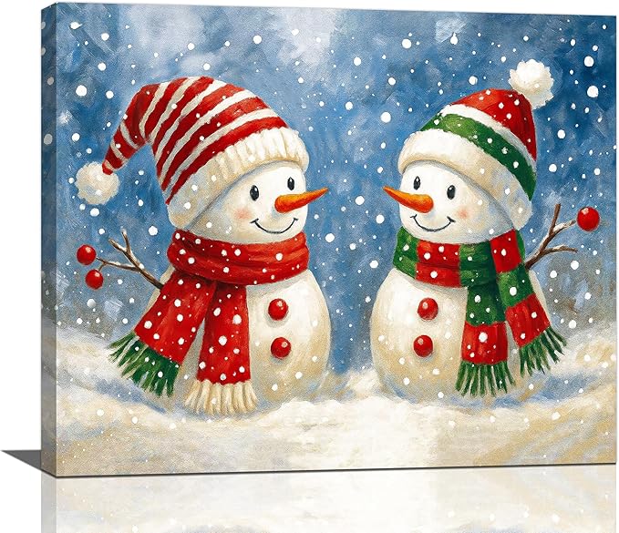 Christmas Snowman Wall Art Winter Holidays Canvas Wall Decor Pictures Paintings Prints Artwork Framed Decorations For Bathroom Bedroom Living Room Office Gifts 24" x 20"