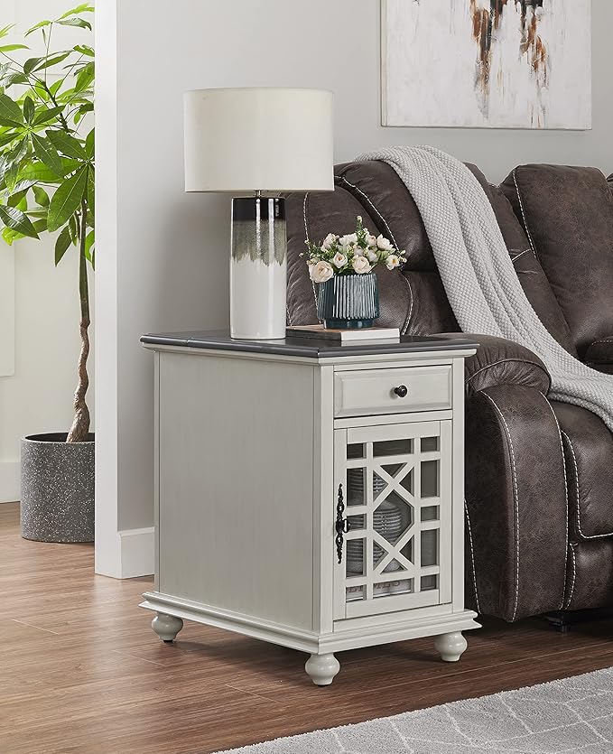 Martin Svensson Home Elegant Chairside End Table with Power, White with Grey Top
