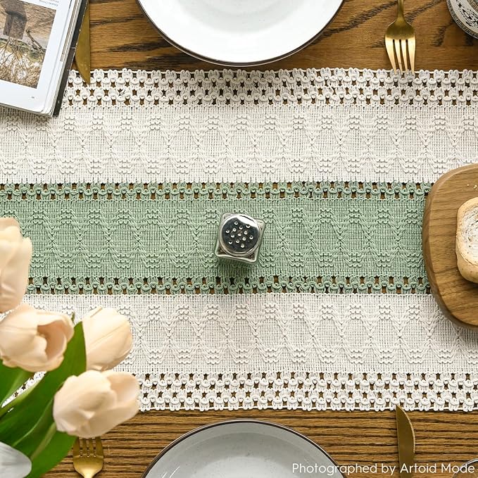 Artoid Mode Light Green Farmhouse Rustic Table Runner, Seasonal Holiday Hollow Kitchen Dining Table Decoration for Home Party Decor 12x60 Inch