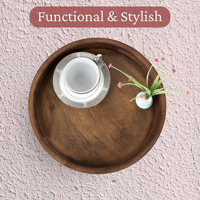 Round Wooden Tray - 12" Decorative Wood Serving Tray - Perfect for Breakfast, Lunch, Dinner, Appetizers, Patio, Ottoman, Coffee Table - Durable Living Room Couch Tray (Walnut) - ALPHA Living HOME