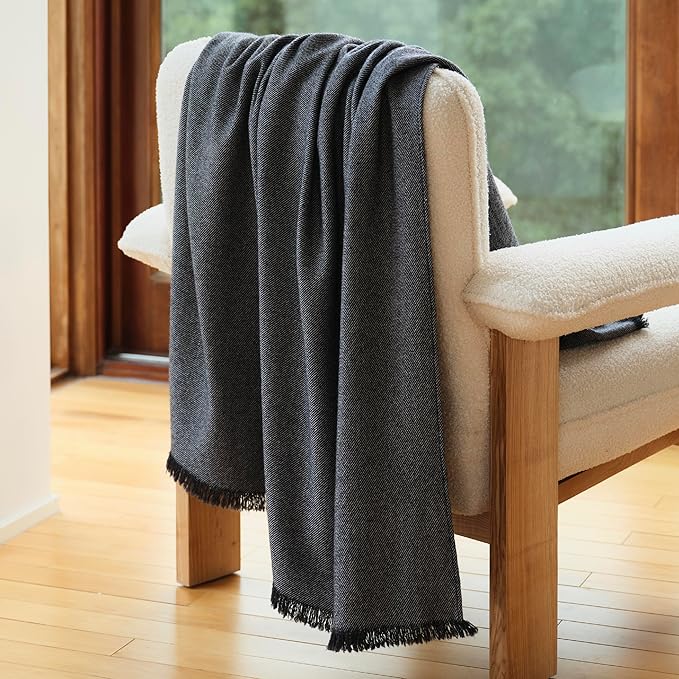 Double Stitch Cashmere Wool Throw Blanket, Mongolian Cashmere & Australian Wool Blend, Classic Twill Pattern with Fringes, Ultra-Soft & Luxuriously Warm Throw Blanket for Couch, 50"x60", Bristol Black