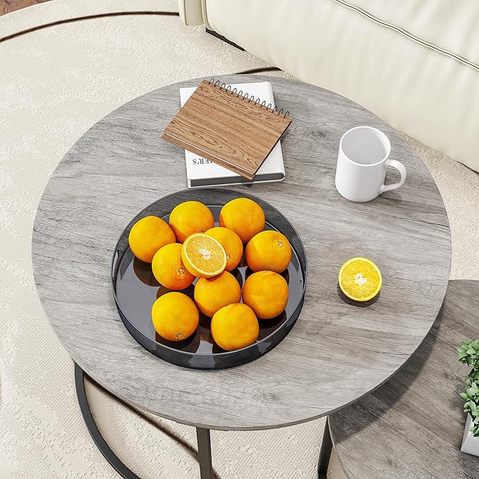 HOJINLINERO Nesting Round Coffee Table Set of 2 End Tables for Living Room,Grey Coffee Table Wooden Accent Furniture with Metal Frame,Stacking Side Tables,Black+Warm Grey