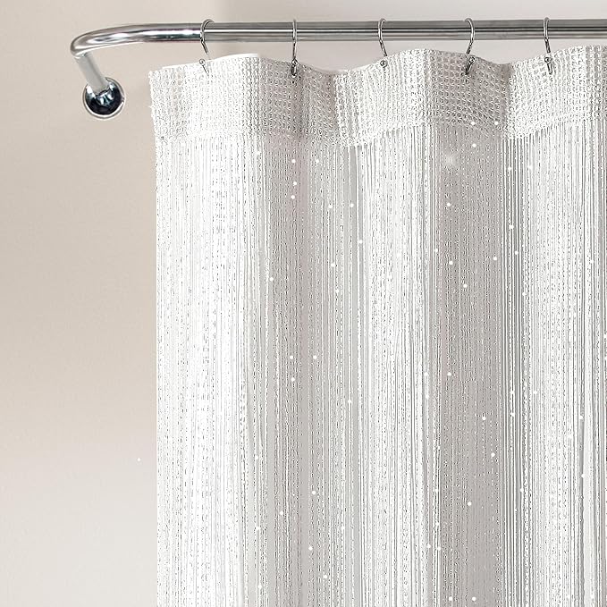 Lush Decor Night Sky String Thread Shower Curtain With PEVA Liner, 2 Piece Set, 72" W x 72" L, White - Silver String Shower Curtain and Liner Set - Shimmery Bath Curtain - Modern Glam Bathroom Decor