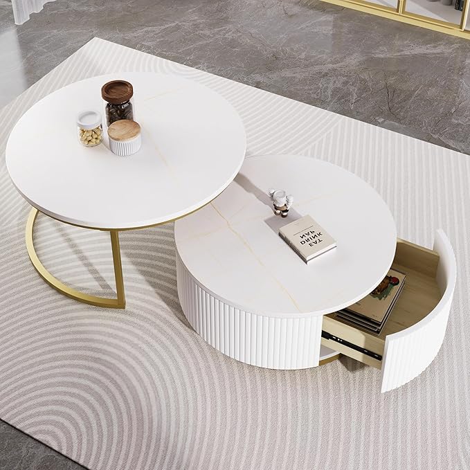27.6" Modern Round Nesting Coffee Table Fluted with Drawer for Living Room in White & Gold