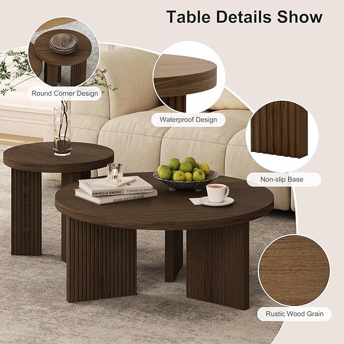 Nesting Coffee Table Set of 2, Modern Wooden Coffee Table with Smooth Thick Design, Circle Tea Table and End Table Set, Accent Center Tables for Living Room, Office, Brown