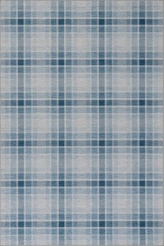 Dash & Albert Andri Plaid Blue Machine Washable Rug, 6 X 9 Feet, Blue/White Plaid Pattern