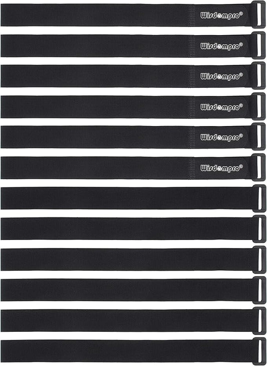 12 Pack 1 x 24 Inches Hook and Loop Reusable Fastening Cable Tie Down Straps by Wisdompro - Reusable, Durable Functional Cinch Strap to Keep Your Home, Office, Workspace from Tangled Messes of Cords