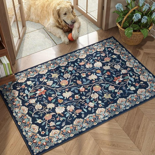 Rugcomf 2'x3' Entryway Rug - Paisley Pattern, Door Mat Indoor Entrance, Floral Vintage, Machine Washable, Non-Slip Low Pile Area Rug for Kitchen, Front Door, Kids Room - Blue