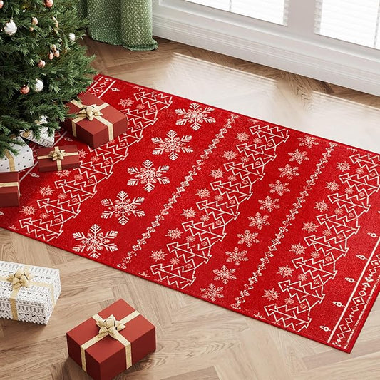 Christmas Area Rug 2x3 Red Washable Entryway Carpet Xmas Snowflake Holiday Decor Doormat Kitchen Decorative Non Slip Soft Low Pile Small Carpet Indoor Throw Rug Bedroom Entrance Bathroom