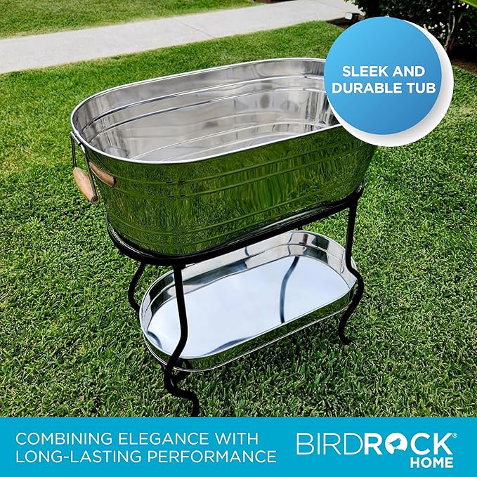 BIRDROCK Home Stainless Steel Beverage Tub with Stand - Bottom Tray - Ice Bucket - Party Drink Holder - Wooden Handles - Outdoor or Indoor Use - Free Standing