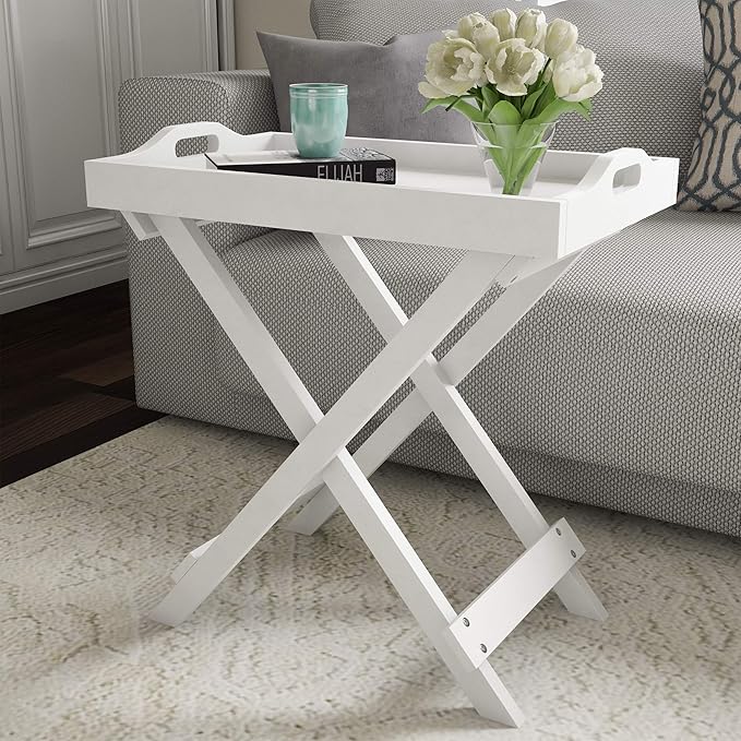 Folding TV Tray Table - Contemporary Side Table with Removable Tray Top for Food Serving, Decor, or Meals - Portable End Furniture for Living Room, Bedroom, or Home Office by Lavish Home (White)