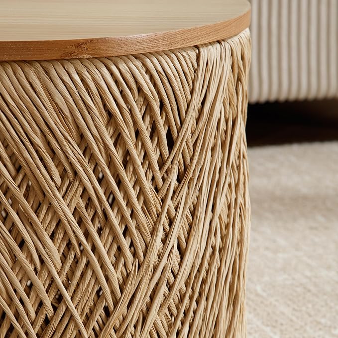 Farmhouse Round Coffee Table with Storage Boho Living Room Table with Lifting Top Hand-Woven Rattan Nesting Coffee Tables for Living Room, Natural