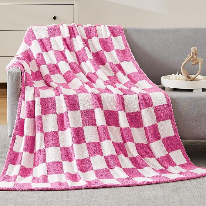 WRENSONGE Checkered Throw Blanket, Hot Pink Soft Cozy Fluffy Warm Hand Made Throw Blankets for Couch, Sofa, Chair, Bed, Camping, Picnic, Travel Lightweight Bed Blanket - 50"*70"