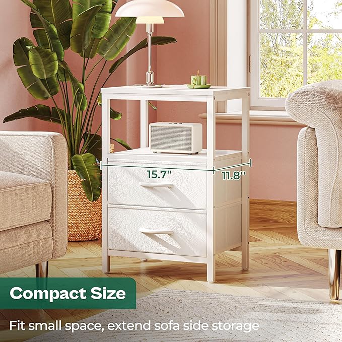 Huuger Nightstand with Charging Station, Side Table with 2 Fabric Drawers, End Table with Open Shelf, Bedside Table with USB-C Port and Outlets, Night Stand, PU Leather, White