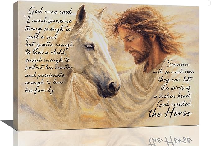 Horse Wall Art Christian Jesus Canvas Wall Decor Scripture Pictures Christ Paintings Prints Religious Bible verse Artwork Framed Decorations For Church Prayer Room Bathroom Bedroom Living Room Gifts 24" x 16"