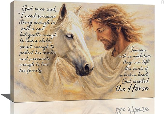 Horse Wall Art Christian Jesus Canvas Wall Decor Scripture Pictures Christ Paintings Prints Religious Bible verse Artwork Framed Decorations For Church Prayer Room Bathroom Bedroom Living Room Gifts 24" x 16"