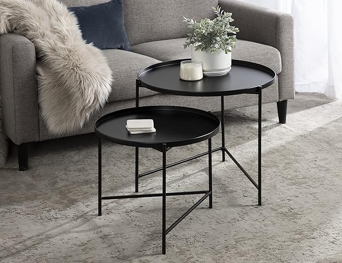 Kate and Laurel Ulani Modern Nesting Coffee Table, Set of 2, Black, Sophisticated Coffee Table Set for Storage and Display