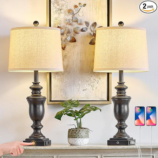27.5" Set of 2 Farmhouse Table Lamps for Bedroom, 3 Way Dimmable Bedside Lamp with 2 USB +AC Outlet Nightstand Lamps for Living Room Resin Rustic Touch Lamps (Antique Black)