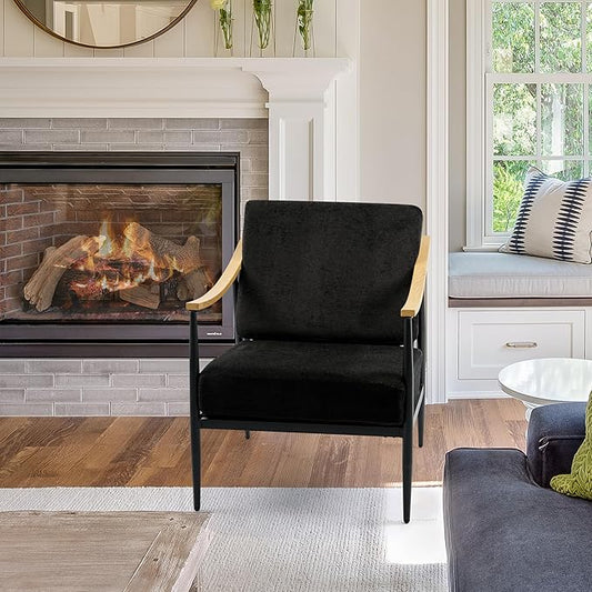 Modern Accent Chair for Living Room Bedroom Mid Century Arm Chair Upholstered Office Accent Chair Comfy Waiting Room Chair with Metal Frame, Black