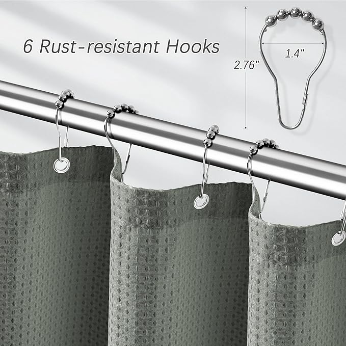 Gray Shower Curtain Waffle Weave 36 Inches Heavy Duty Stall Fabric Shower Curtain Set for Bathroom, Waterproof Weighted 256GSM Half Size Shower Curtains with 6 Hooks, 36Wx72H Grey