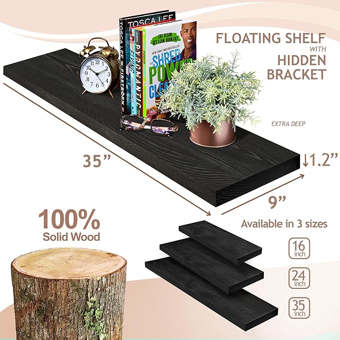 Sorbus Wood Floating Shelves for Wall - 35” Solid Wood Wall Shelves for Bathroom Decor, Books, Bedroom & Living Room - Set of 2 Black Wall Mounted Kitchen Shelves - Durable Solid Pine