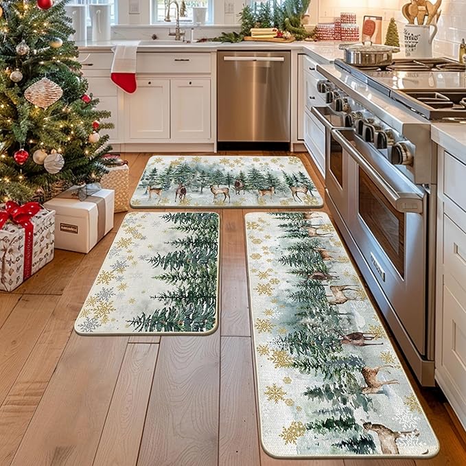 Artoid Mode Xmas Trees Deer Snowflakes Christmas Kitchen Mats Set of 2, Winter Home Decor Low-Profile Kitchen Rugs for Floor - 24"x36"+24"x59"+24"x72"