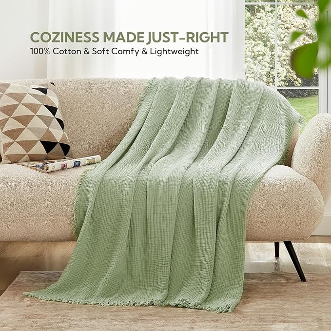 SOULFUL Muslin Throw Blanket with Tassels - Soft Twin Cotton Throw Blanket for Couch or Bed, Lightweight and Breathable Gauze for All Seasons, Grassgreen, 60" x 80"