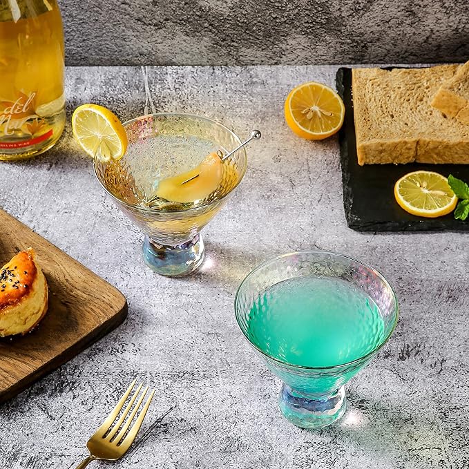 Lysenn Iridescent Stemless Martini Glasses Set of 2 - Premium Hammered Cocktail Glasses for Weddings, Anniversary, Christmas, Party - 7.7oz