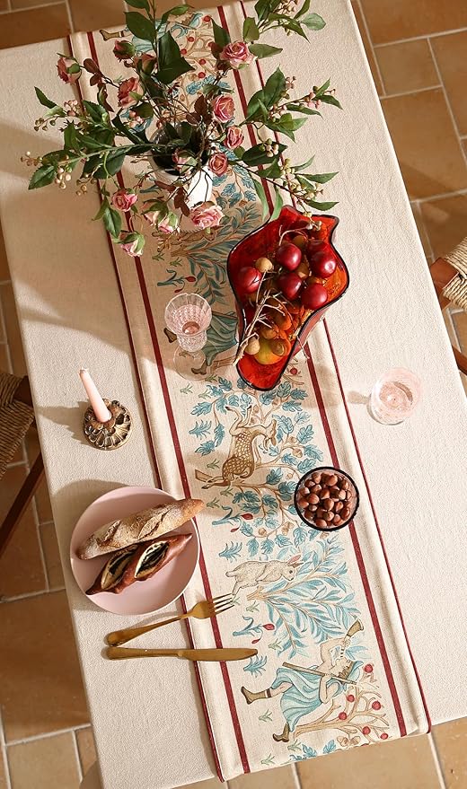 patdrea Designer Idyll Linen Extra Long Table Runner,Vintage Beige Farmhouse with Ancient Spring Figure and Animal Pattern Table Mat,Decoration for Kitchen Dining Banquet Christmas ,16"*118"