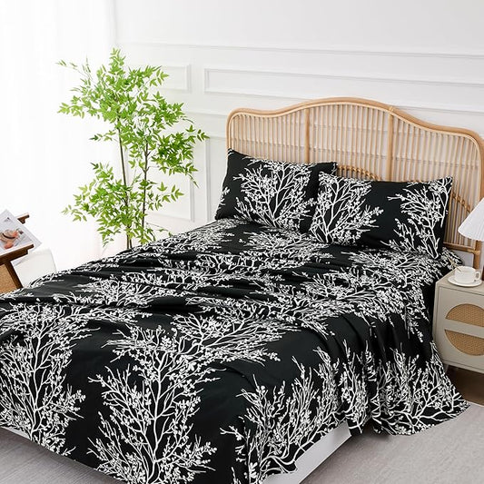 Spirit Linen Twin Sheets Sets - Pure Microfiber 3 Piece Polyester Bed Sheets - Twin Sheets for All Seasons (Foliage Black/White, Twin/Twin XL)