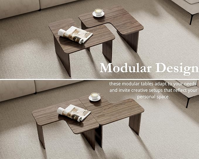 VESCASA Modern L Shaped Nesting Coffee Table Set of 2 Modular Rectangle Walnut Wood Table for Living Room