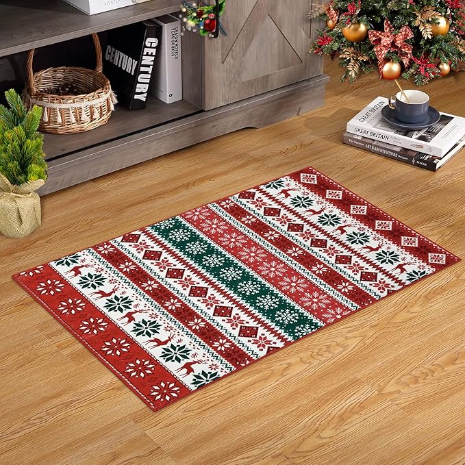 Small Entryway Area Rug 2x3 Christmas Rug Indoor Non-Slip Front Door Mat Washable Boho Rug Xmas Decorative Throw Floor Covers Farmhouse Geometric Festival Carpet for Living Room Bedroom, Red