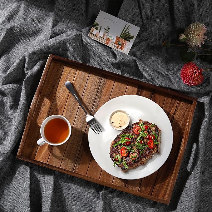 Large Acacia Wooden Serving Tray with Handles 20 x 14 inch Decorative Coffee Table Ottoman Tray for Living Room Extra Large for Kitchen Dinner Food Bar Breakfast in Bed (Color Natural)