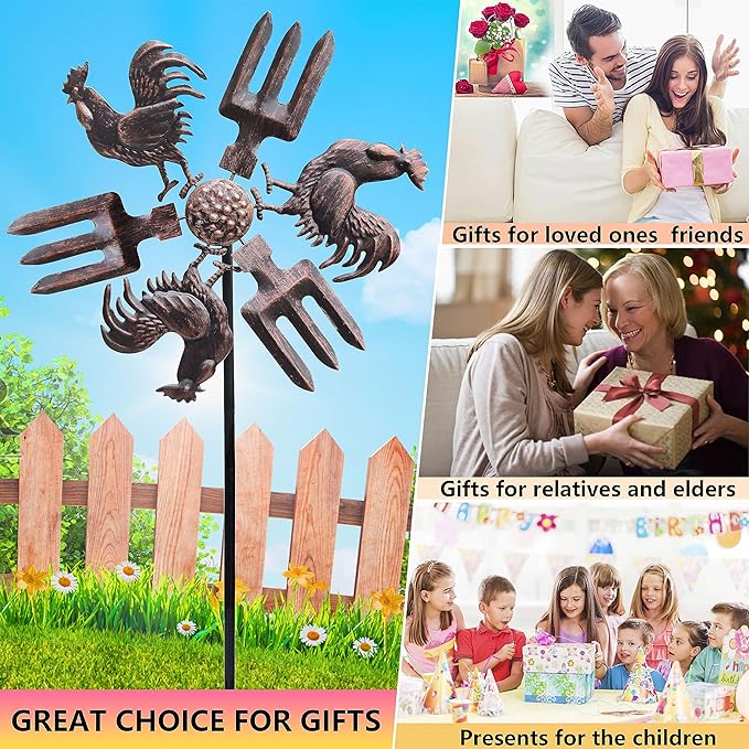 39" Rooster Wind Spinner Garden Stake-Farm Outdoor Metal Stake Yard Spinners-Wind Sculpture Yard Art Decorations for Patio,Lawn & Garden