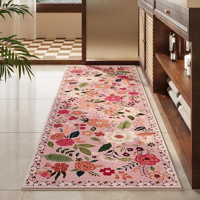 Rugcomf Runner Rug for Hallways Kitchen Rug Non Slip 2'6''x8' Washable Runner Rugs with Rubber Backing Soft Floral Carpet Runner for Hallways, Kitchen, Laundry, Bedroom, Bathroom(Pink)
