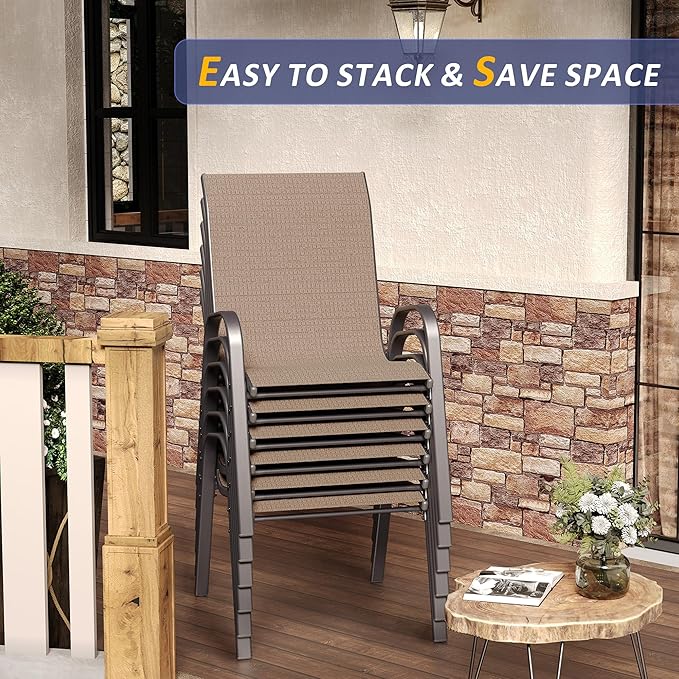 Amopatio 7 Pieces Patio Dining Set, Outdoor Table and Chairs, Square Metal Table with Umbrella Hole, 6 Stackable Chairs, Patio Furniture Sets for Deck, Backyard, Garden and Poolside, Brown