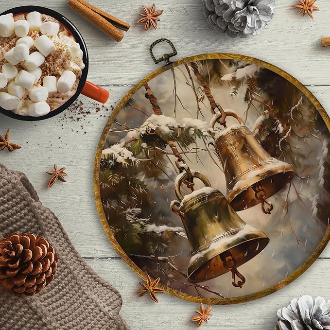 CUANFDDSF Vintage Winter Bells Round Wall Art Decor, Rustic Christmas Xmas Golden Bells Holiday Wall Hanging Frame Decor, Elegant Christmas Canvas Prints Decorations for Home Bedroom, 10x10 Inch