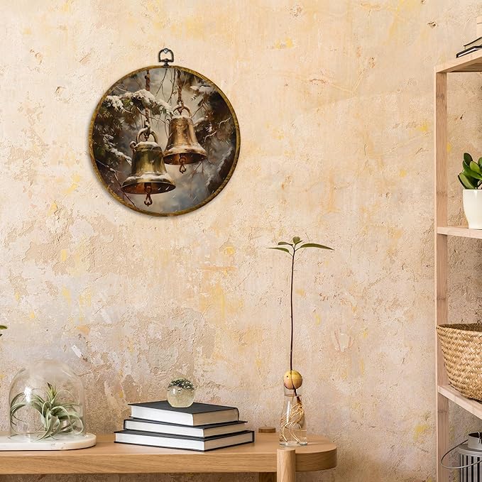 CUANFDDSF Vintage Winter Bells Round Wall Art Decor, Rustic Christmas Xmas Golden Bells Holiday Wall Hanging Frame Decor, Elegant Christmas Canvas Prints Decorations for Home Bedroom, 10x10 Inch