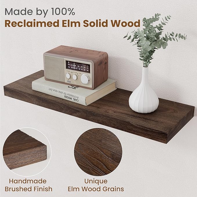 Floating Shelves for Wall Decor, 8 Inch Deep Rustic Solid Elm Wood Floating Shelves Wall Mounted, Wall Shelves with Invisible Bracket for Living Room Bathroom Bedroom Kitchen, 24 Inch Set of 2, Walnut