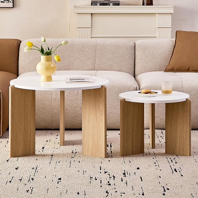 Round Nesting Coffee Tables Set of 2 for Living Room [Interchangeable Height] φ27.6 + φ19.7 Mid Century Modern Circle Side Tables for Bedroom Office Studio Apartment